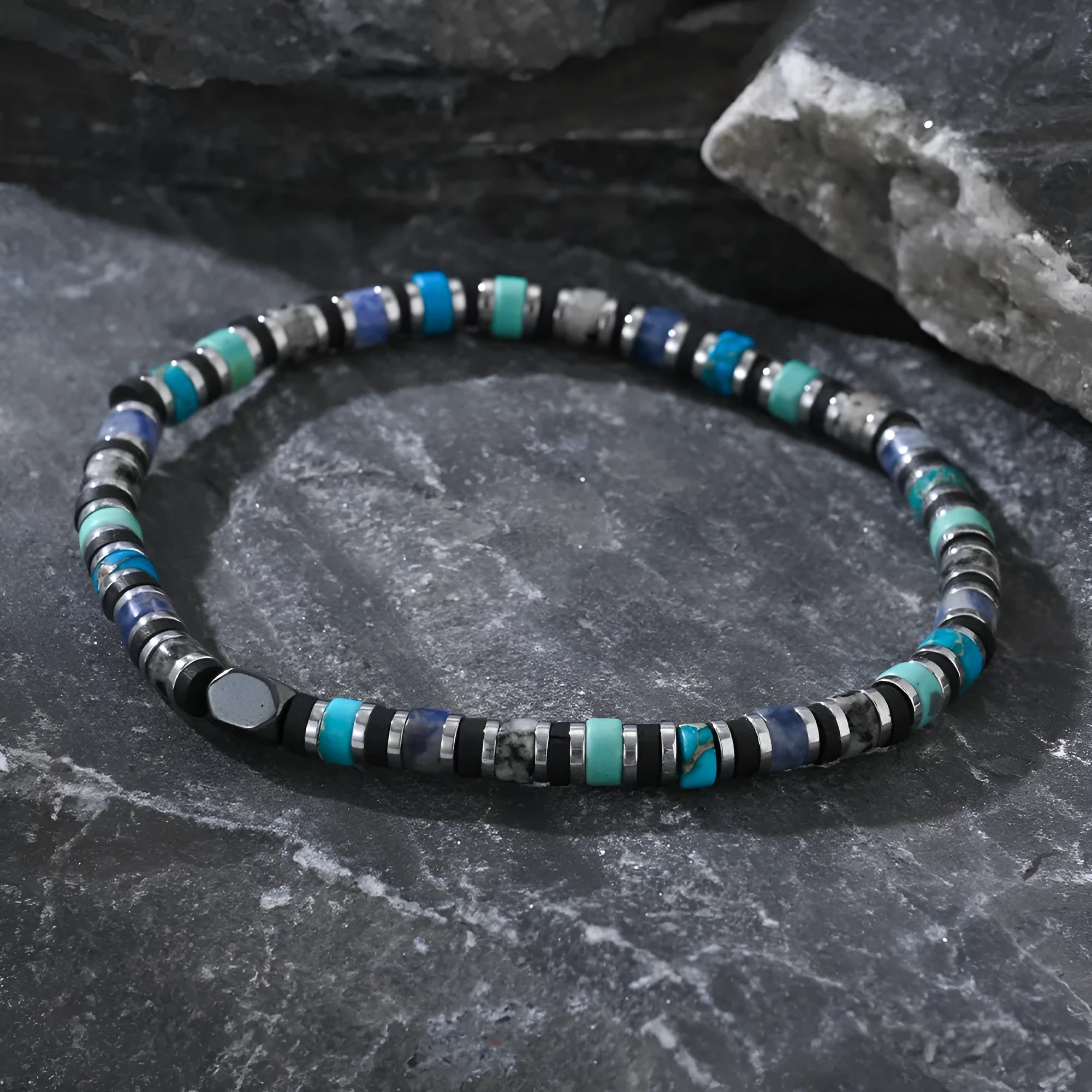 Bohemian hand-woven bracelet with cylindrical semi-precious stones