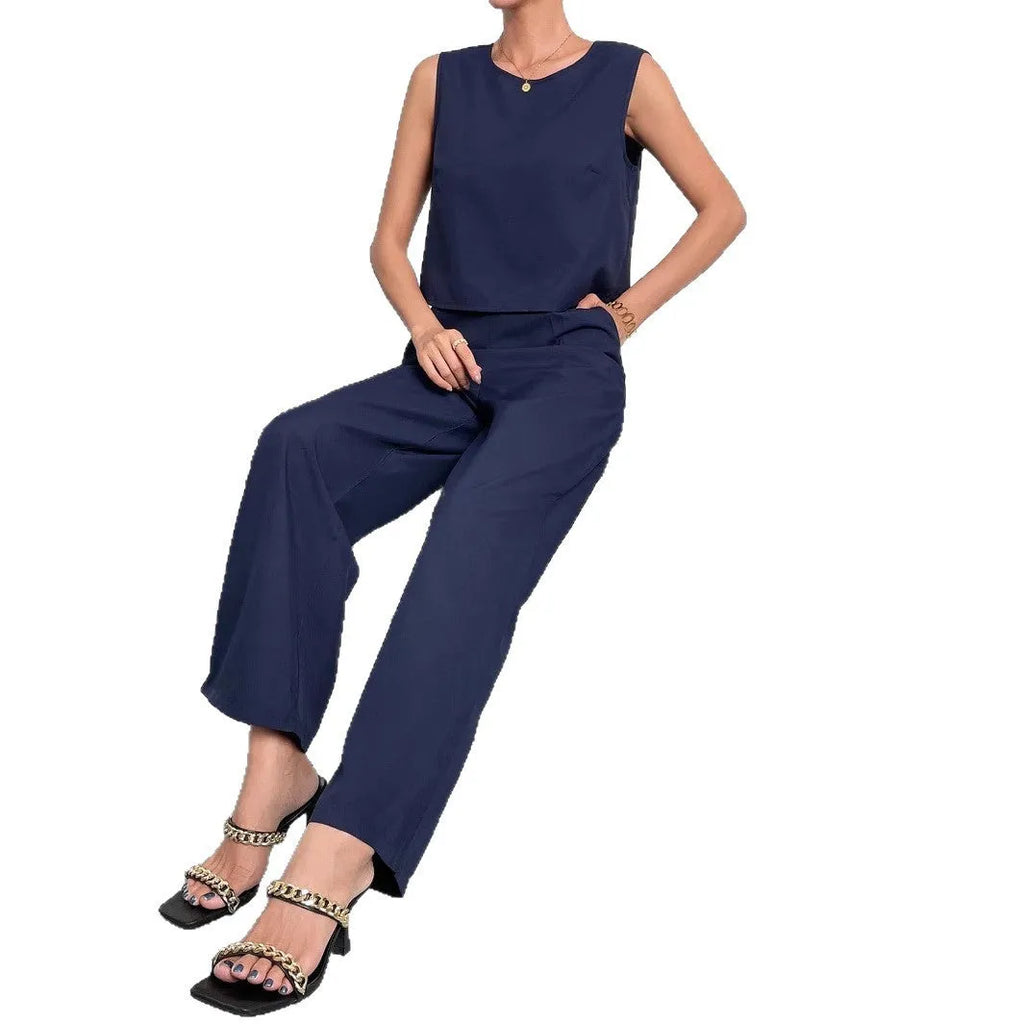 Women's red sleeveless top and wide leg trousers two-piece set