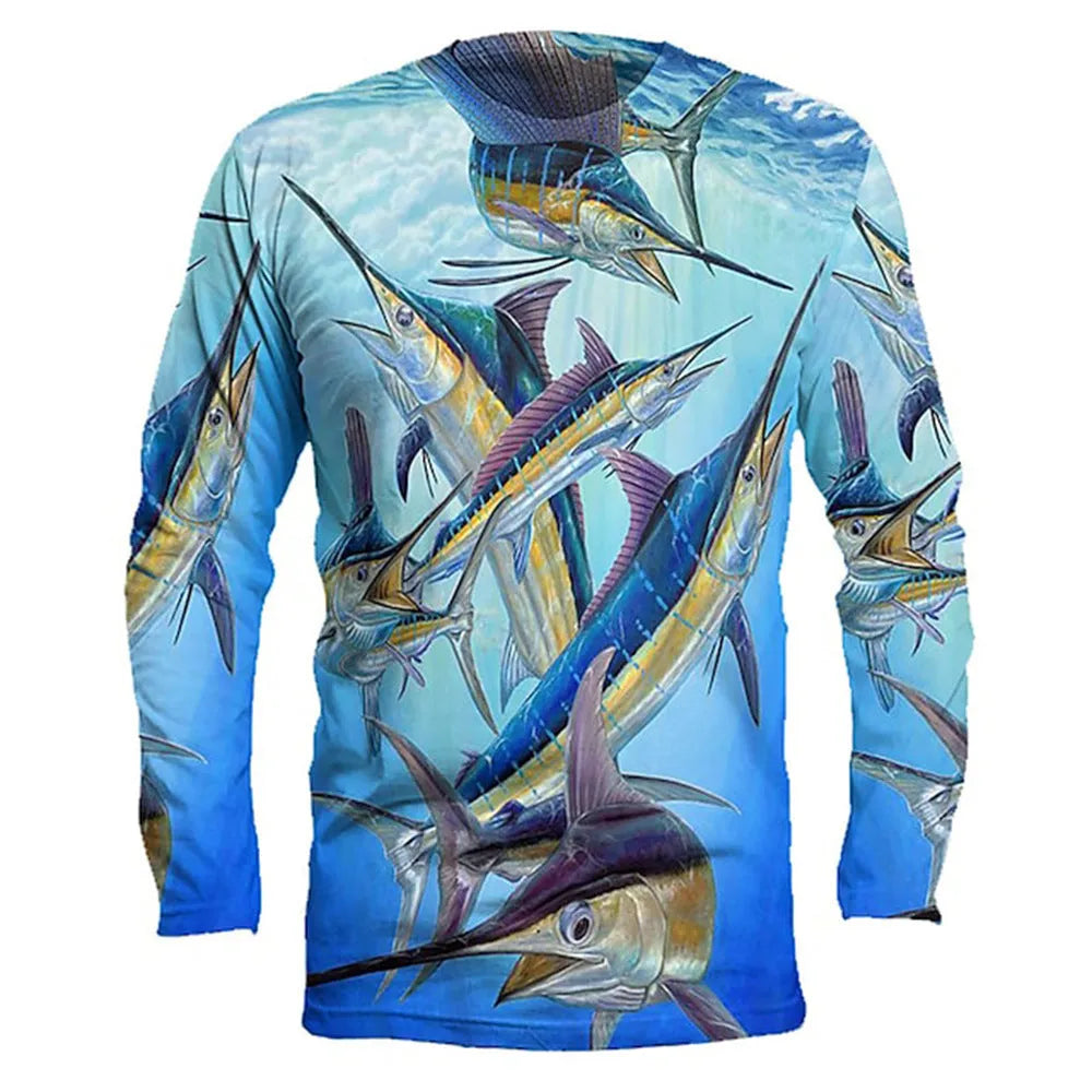 Men's milk silk fish print pullover top with round neck and long sleeves