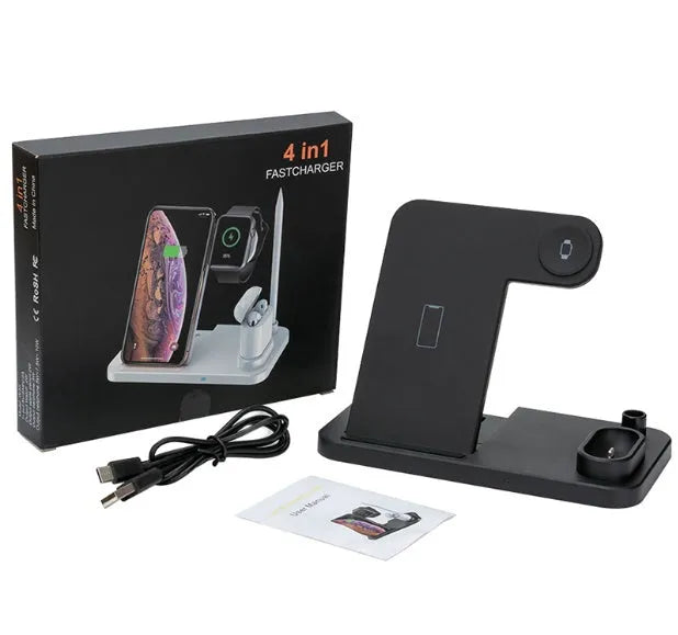 Black 4-in-1 wireless charging station with phone on adjustable stand, charging Apple Watch, AirPods, and Apple Pencil.