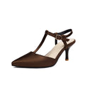 Women's pointed toe T-strap high heels in black top grain leather with unlined inner