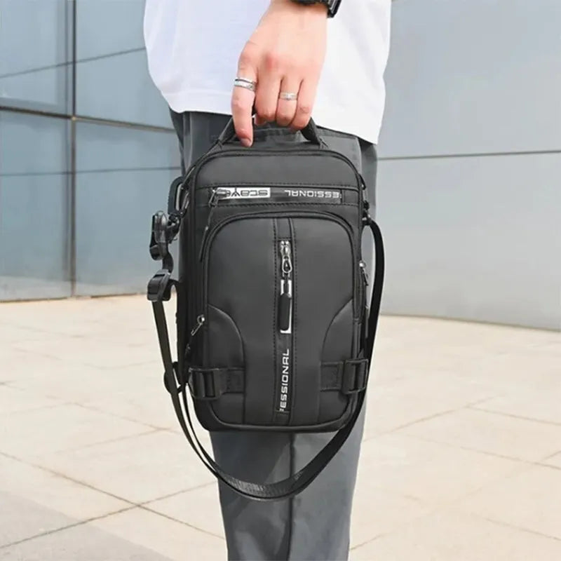 Men's waterproof nylon crossbody chest bag in khaki, medium square vertical section with zip closure and multiple compartments