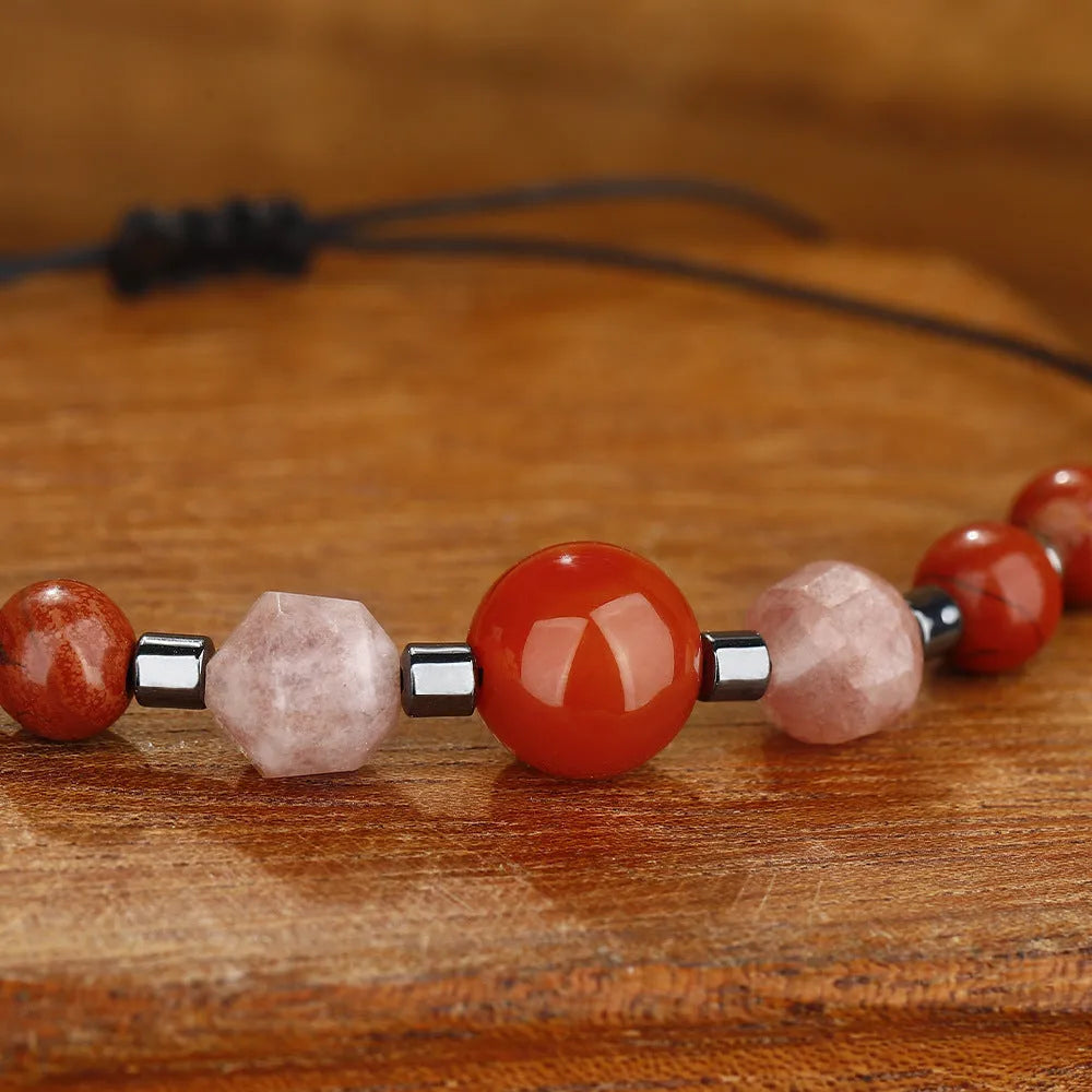 Geometric red crystal bracelet with sunstone, redstone and copper beads handcrafted design