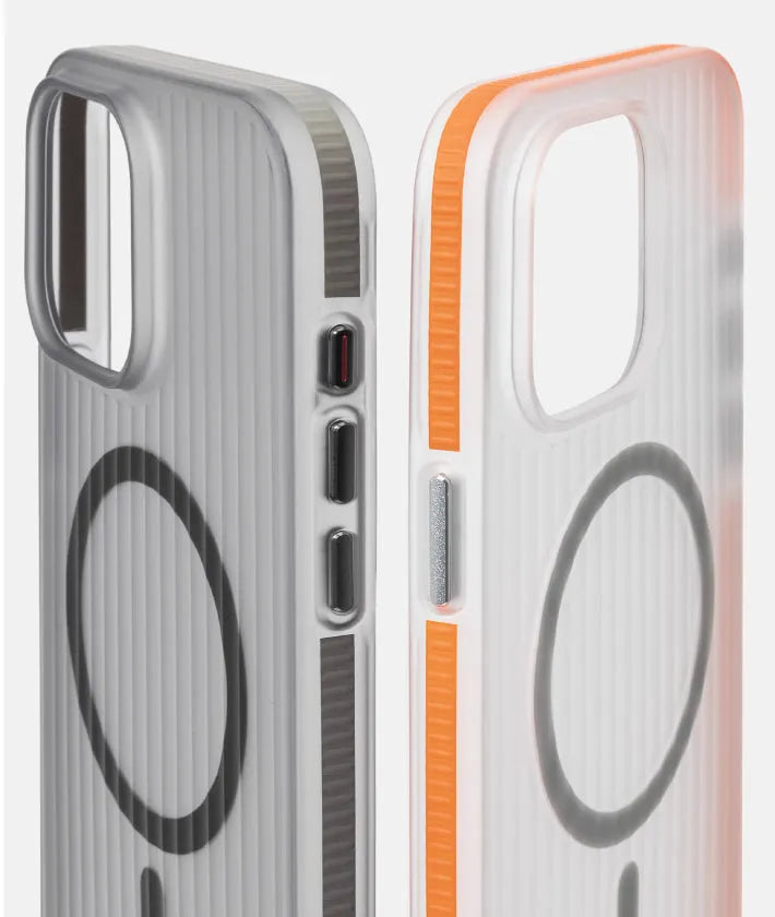 Transparent black magnetic phone case with striped anti-slip bar for iPhone 13, 14, 15 models.