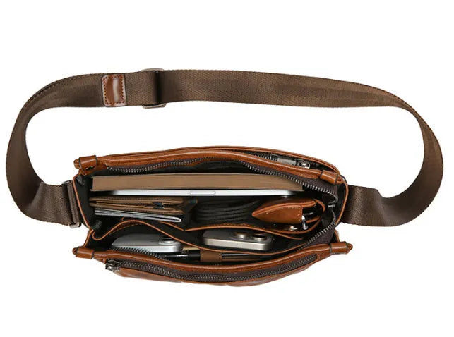 Brown genuine leather men's crossbody messenger bag with large capacity for daily wear
