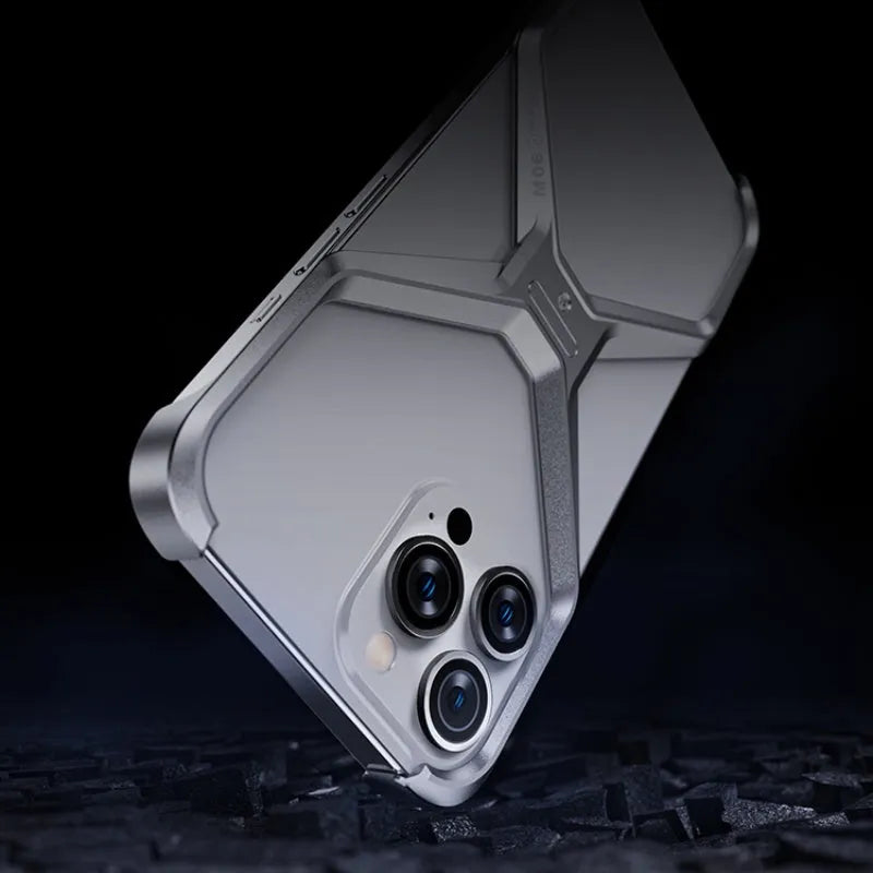 Aluminium alloy hollow-out frameless iPhone case in silver, gray, deep space gray, and titanium gold, model M06