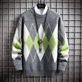 Men's loose fit geometric pattern long sleeve round neck sweater in black, grey, and red colour options