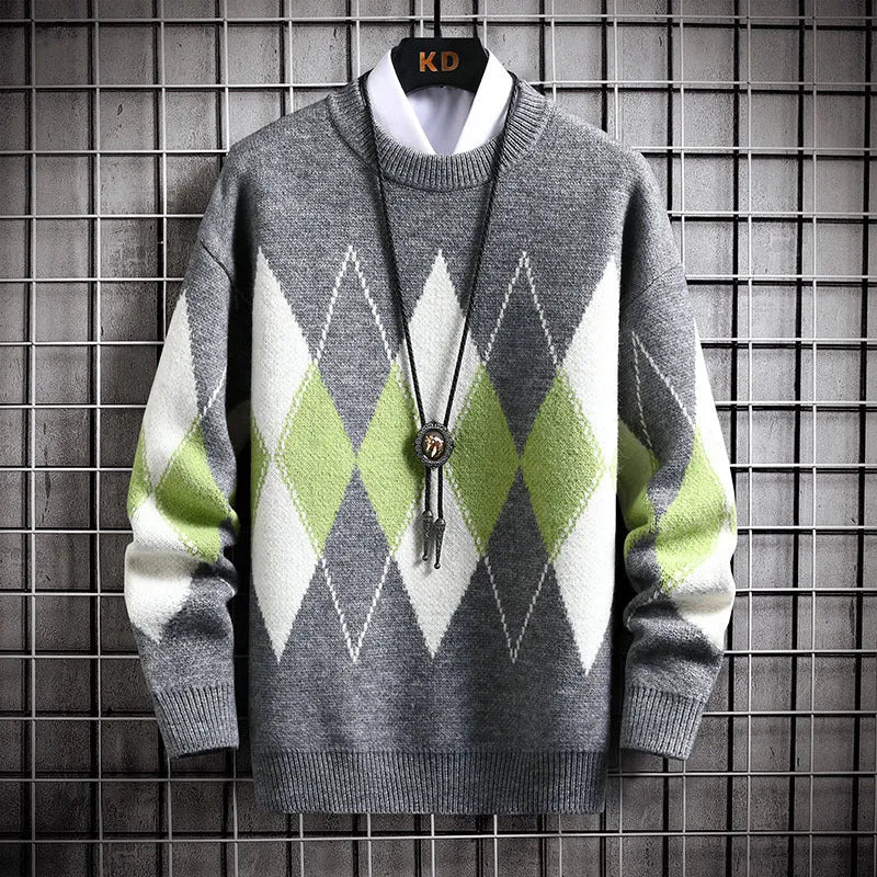 Men's loose fit geometric pattern long sleeve round neck sweater in black, grey, and red colour options