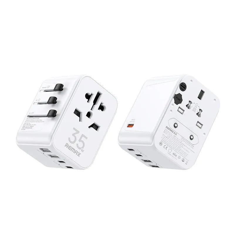 White universal travel charger adapter with Type-C PD, 12W and 35W models for US UK EU sockets