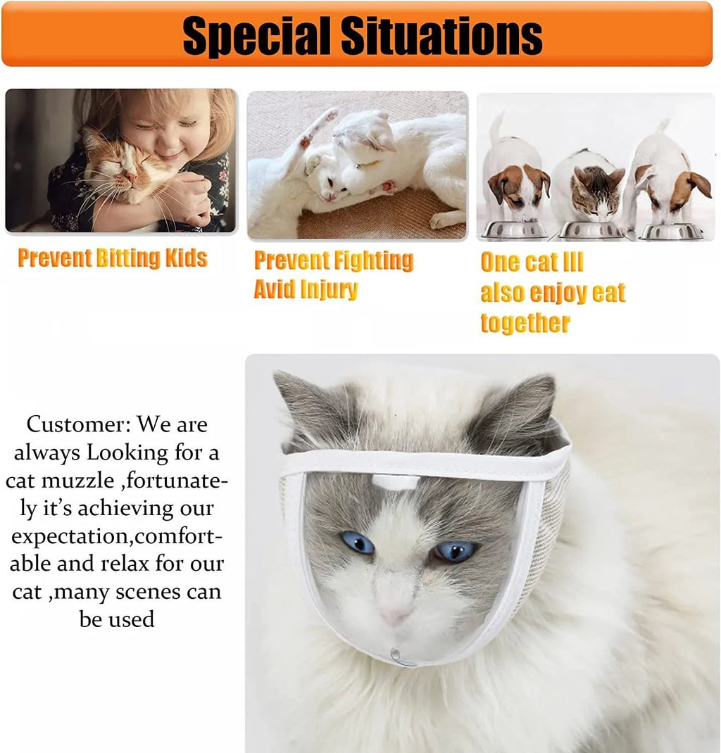 Transparent PVC and cotton muzzle for cats and dogs on a grey background, showing the breathing hole and strap.