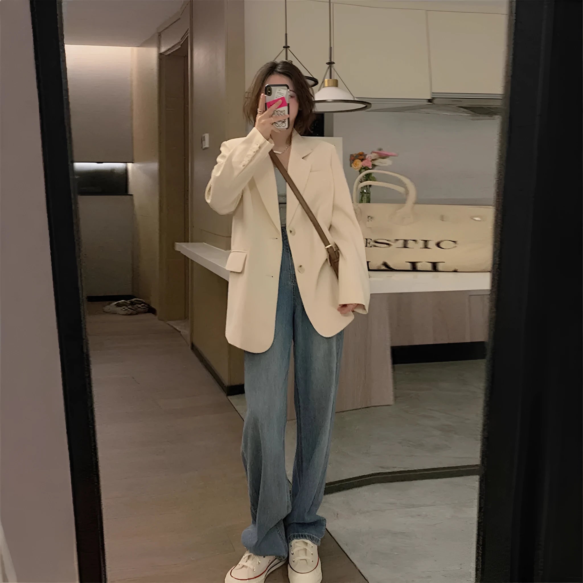 Korean style men's solid colour polyester suit jacket with long sleeves and pockets, shown in beige, black, and brown.