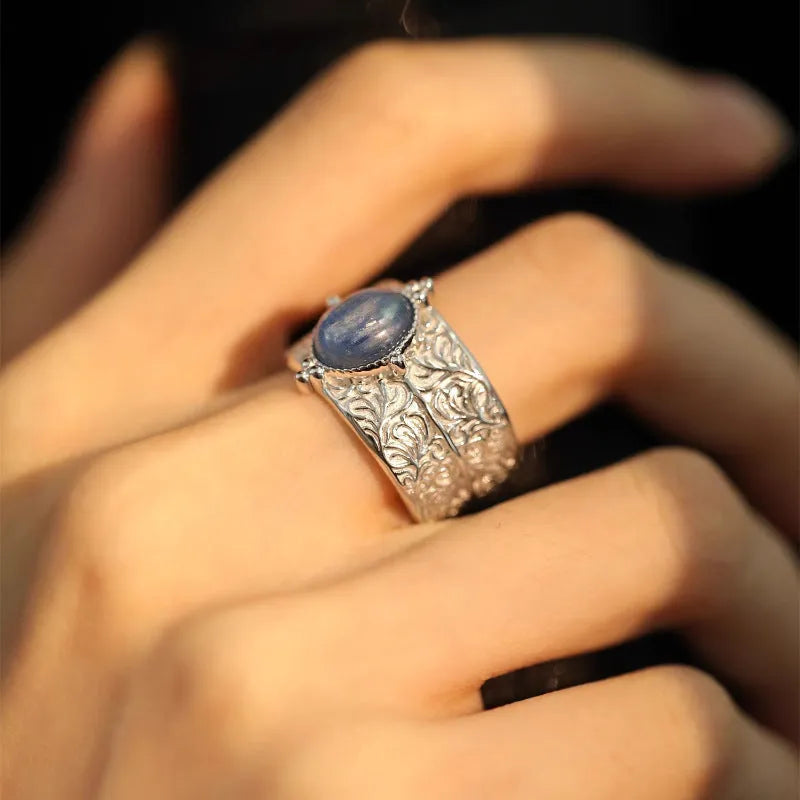 Vintage blue copper wide band ring with heavy industry retro vine pattern adjustable opening