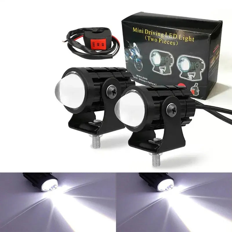 Motorcycle spotlight with dual-colour lens, aluminium housing, showing white and yellow light modes.