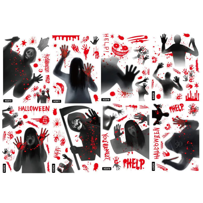 Halloween electrostatic sticker set with female ghost and skull motifs on window