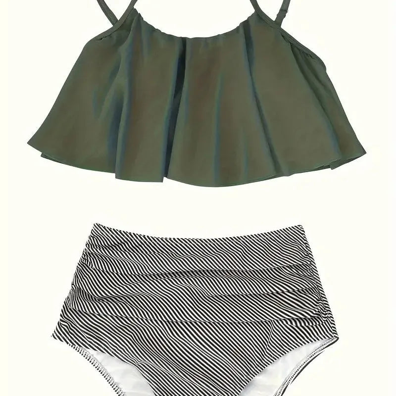 Women's ruffled conservative swimsuit in high-waisted split design with backless briefs styling