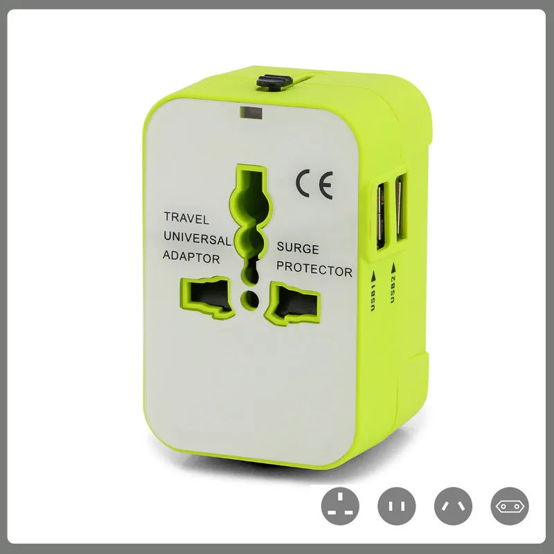 Black universal travel adapter plug with USB port and child safety door for international power conversion