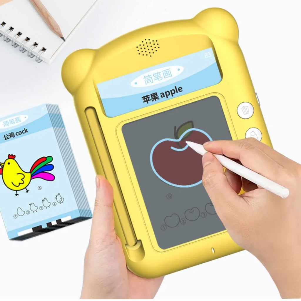 Yellow bilingual early learning machine with educational cards for English letters and Chinese character development