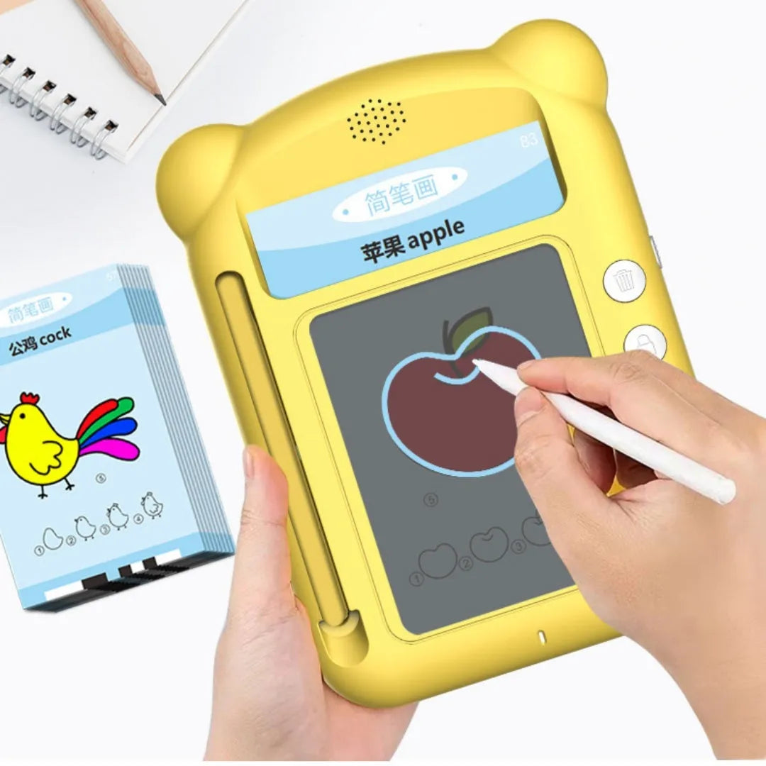 Yellow bilingual early learning machine with educational cards for English letters and Chinese character development