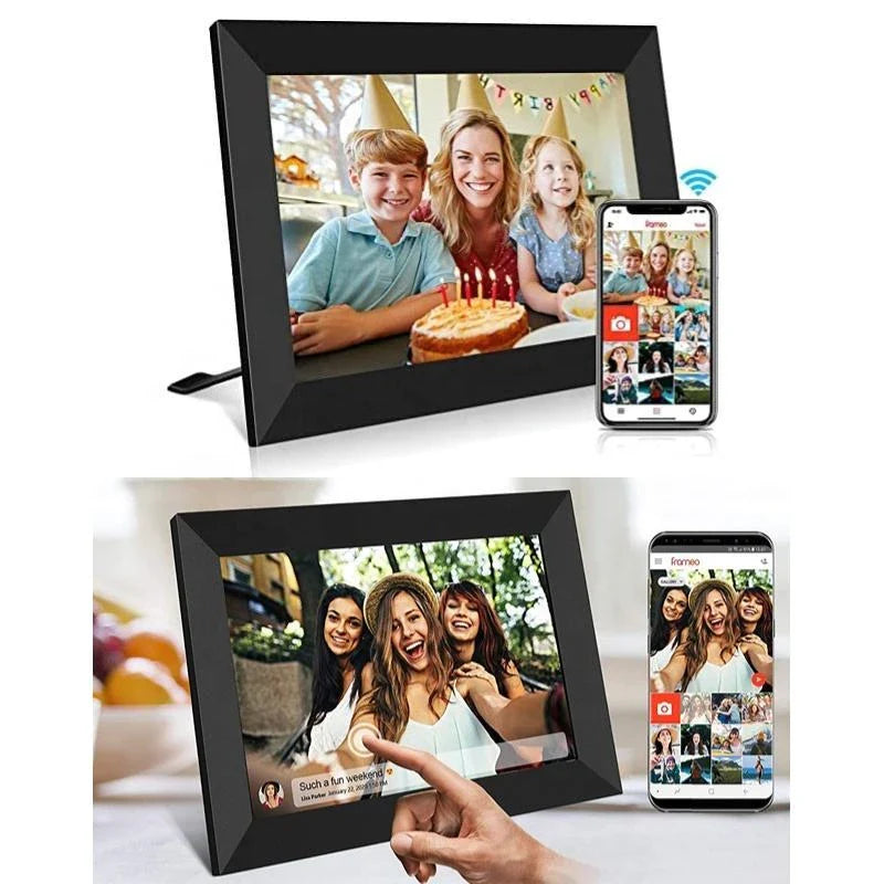 Touchscreen WiFi digital photo frame with portrait and landscape rotation capabilities