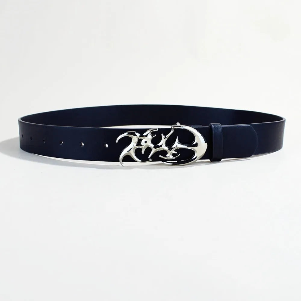 Casual silver buckle PU leather belt with snap button fastening, shown at 105cm length.