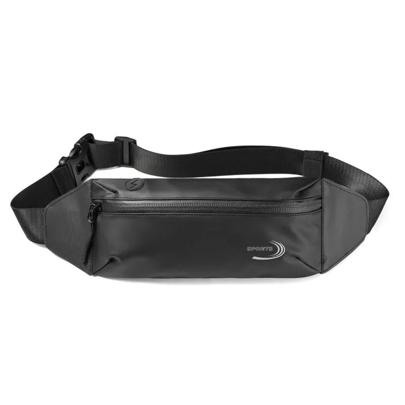 Men's waterproof sports waist bag in black, blue or grey made from 600D Oxford polyester.