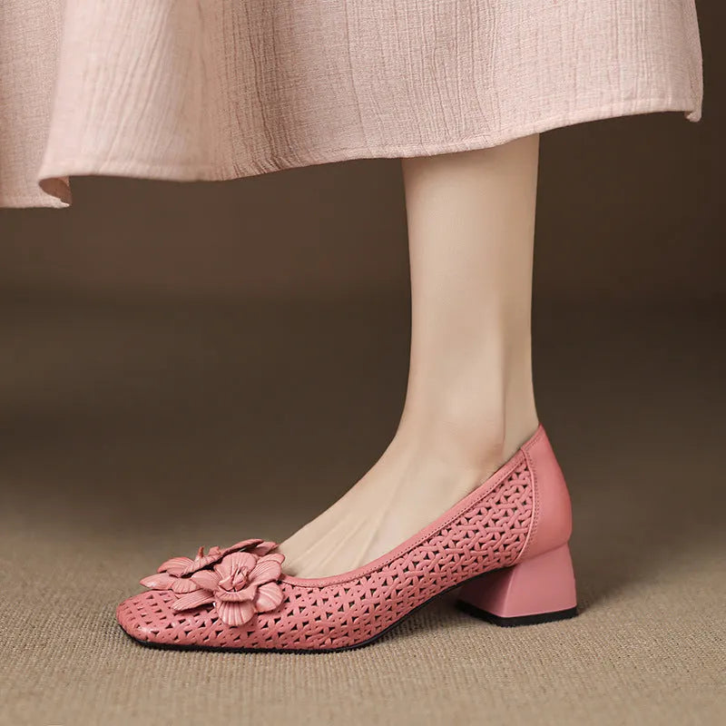 Women's light brown leather pumps with woven texture and hollow cut-out design on mid-height beef tendon soles