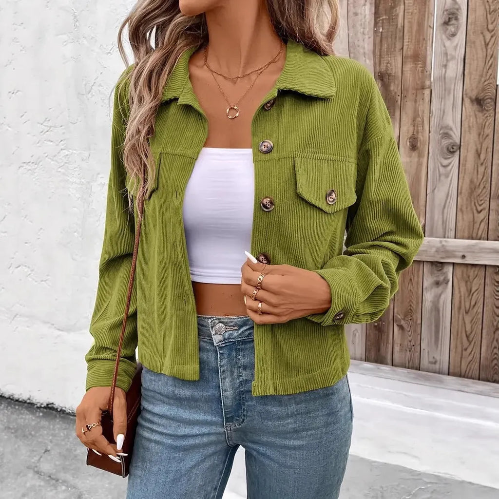 Women's retro artistic shirt coat jacket in medium thickness polyester fabric showing button-front design