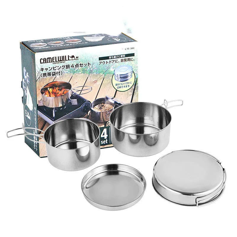 Silver stainless steel outdoor camping pot set with four pieces for 2-3 people