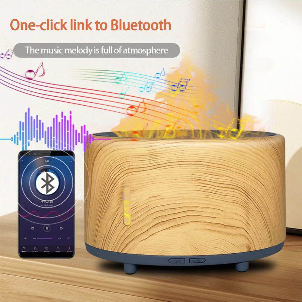 A Bluetooth-controlled flame humidifier and aromatherapy diffuser unit with an LED flame light and 150ml tank.
