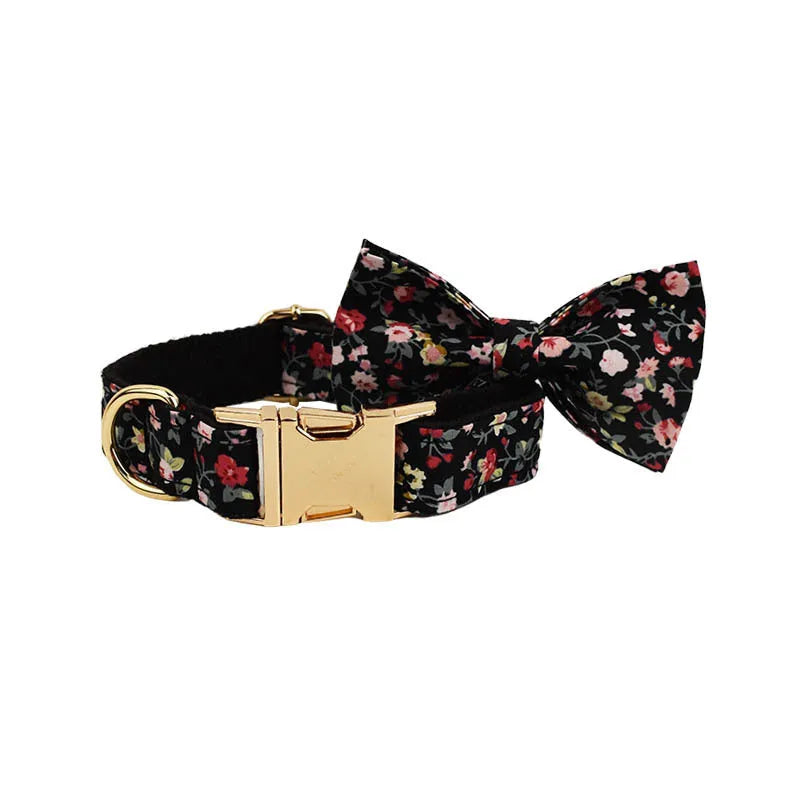 Four-piece dog accessory set showing removable bow collar, leash, vest and decorative bows in coordinated colours