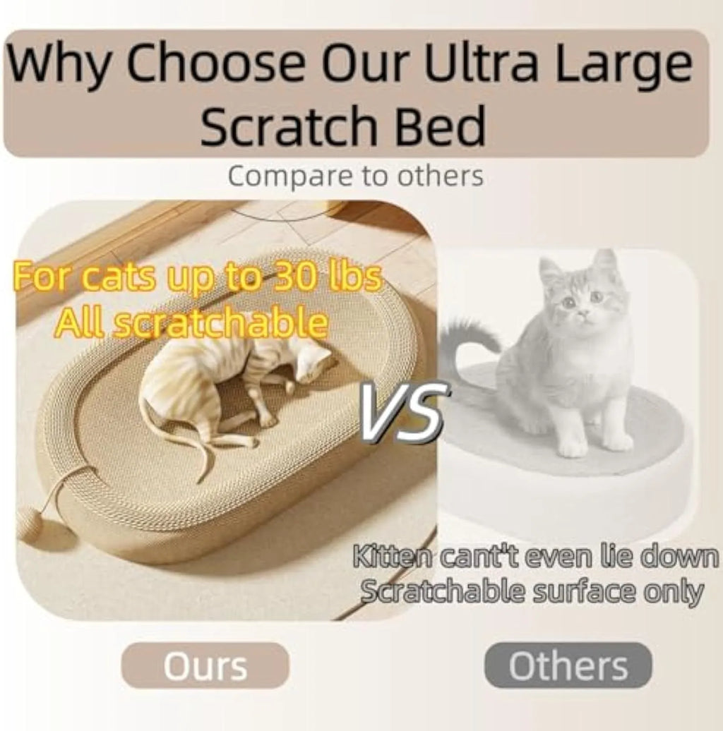 Large rectangular sisal cat scratching board with a grey cushioned cat bed attached on top.