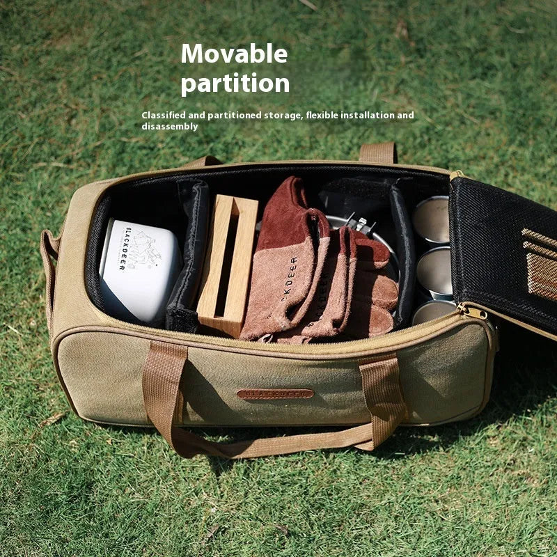 Camping cookware set in Oxford cloth storage bag with split design for 5-6 person outdoor cooking