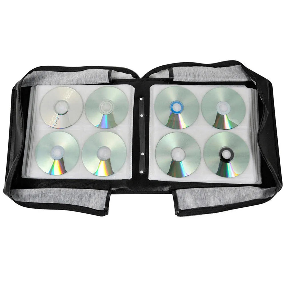 Black Oxford cloth CD and DVD storage organiser bag with a hand strap and zipper.