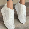 Plus size women's black lace-up casual sports shoes with rhinestones and a thick rubber sole.