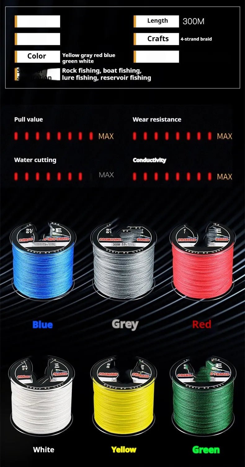 Dali Mayu 300 metre PE fishing line reel in assorted colours on a white background
