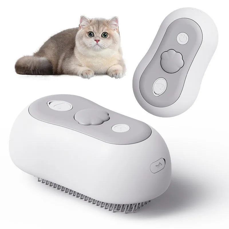Beige coloured cordless pet grooming comb with massage teeth and spray function for cat hair removal.