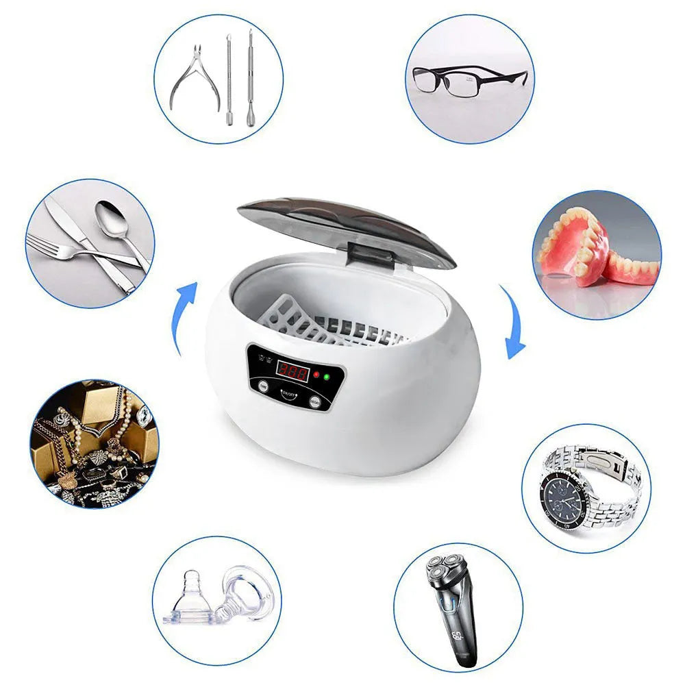 White blue ultrasonic cleaning machine with digital control panel on a countertop, 40KHz household appliance