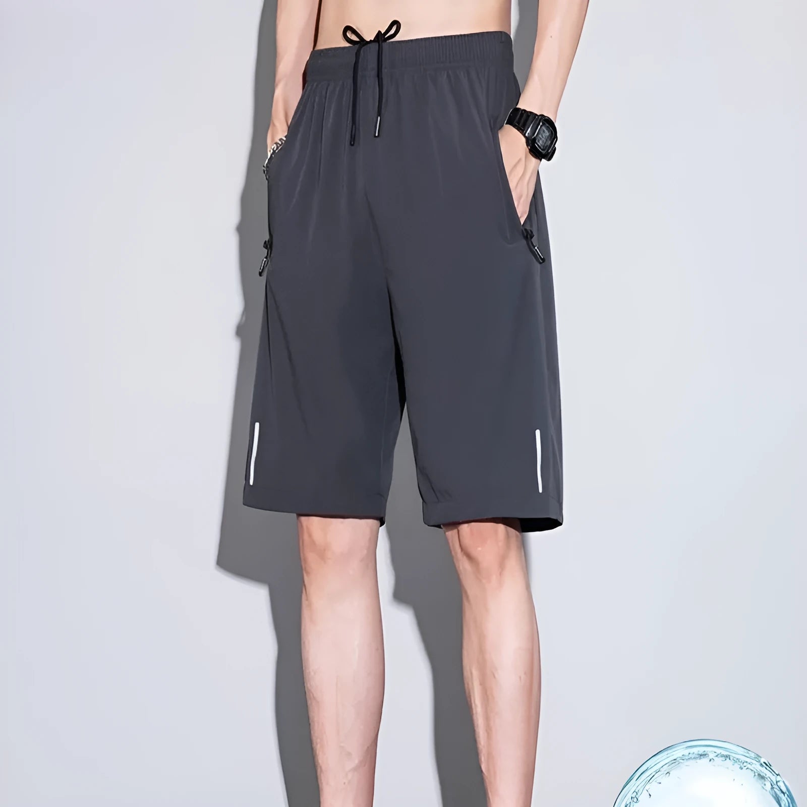 Men's thin ice silk quick-dry polyester running shorts in black, straight cut, front view