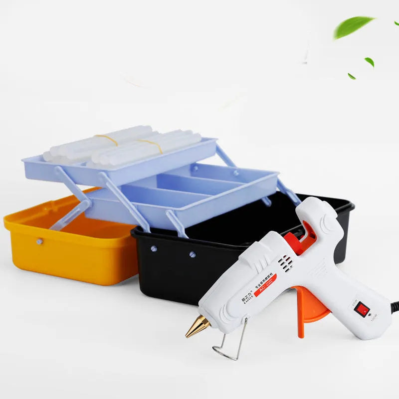 White electric hot melt glue gun with metal bracket stabiliser and anti-heat blanket