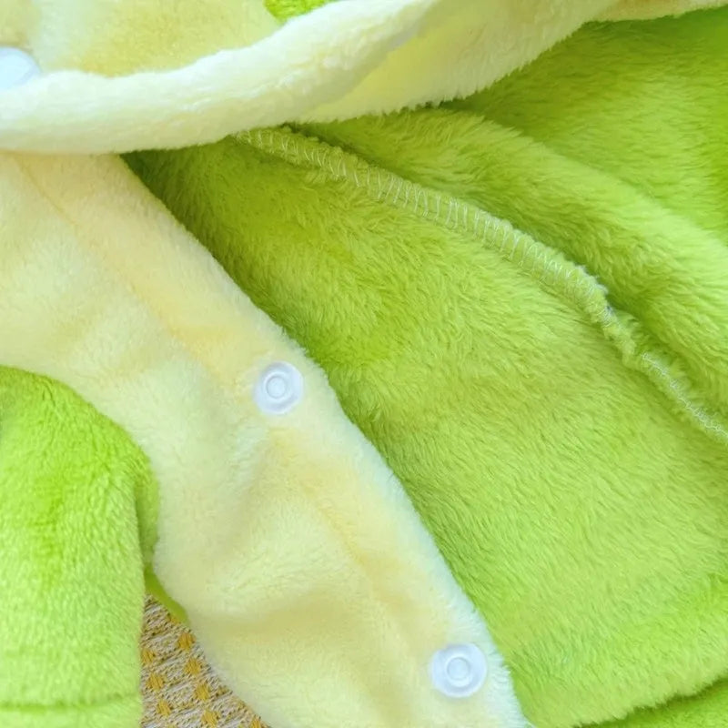 Green fleece dinosaur costume for small dogs with four legs, white chameleon back, and cartoon eyes