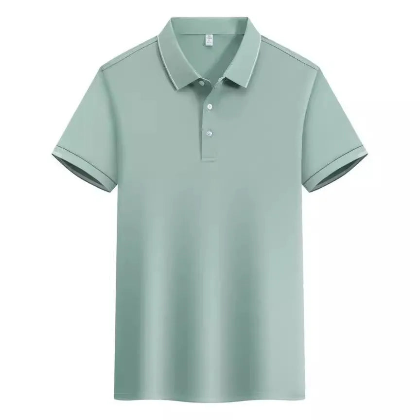 Men's loose fit cotton blend short sleeve polo shirt with a secondary collar lapel.