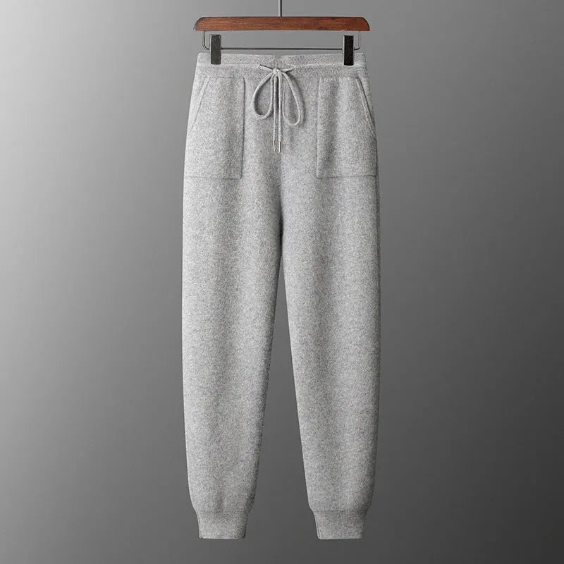 Men's light grey cashmere knitted hoodie and trousers casual winter set.