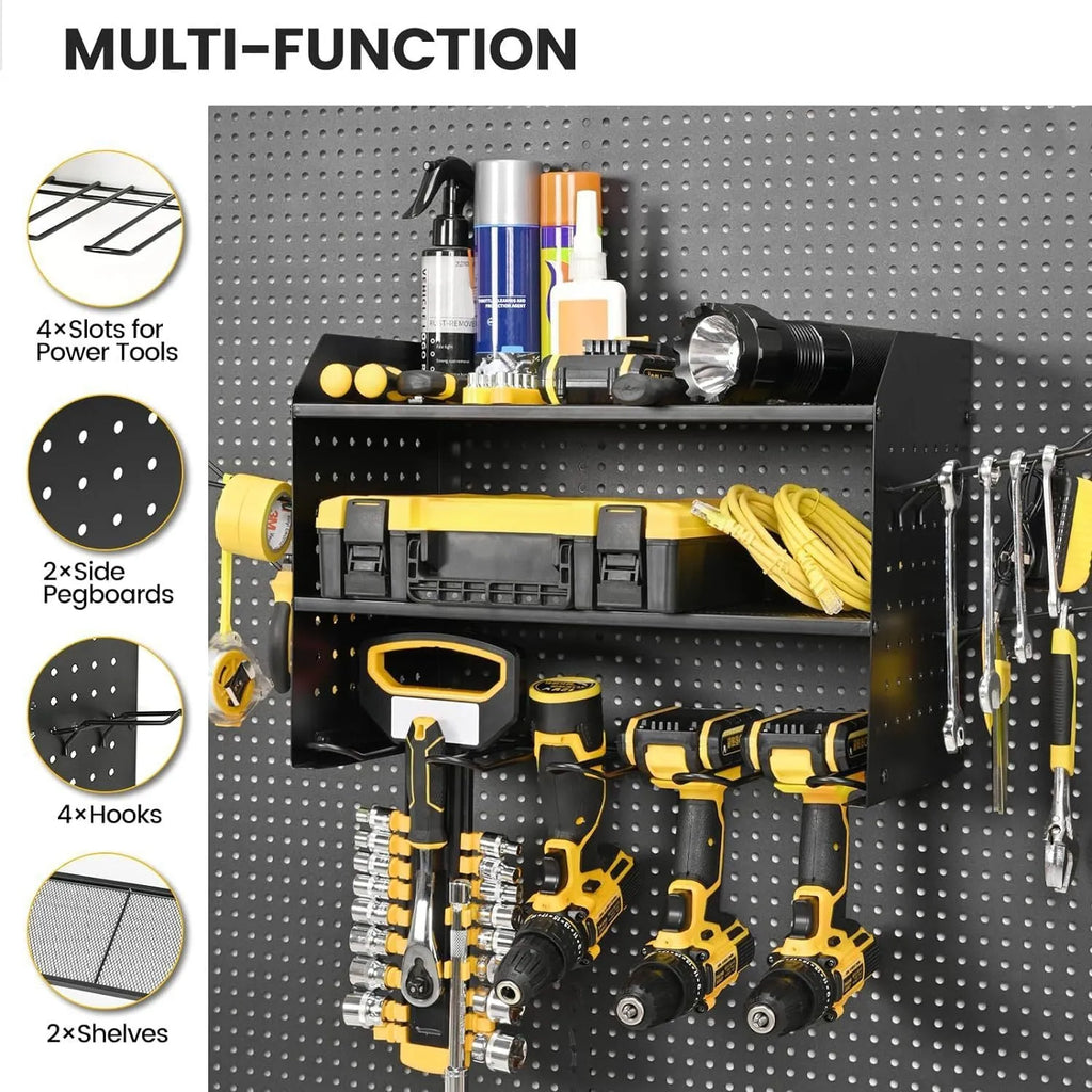 Wall-mounted carbon steel three-layer tool rack holding electric drills and screwdrivers in a garage