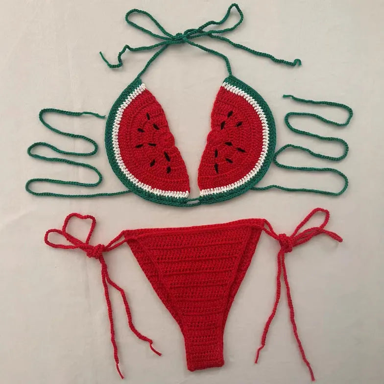 Handmade crocheted bikini two-piece set with mixed colour pattern and adjustable lace-up shoulder straps
