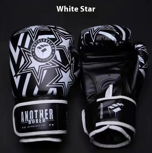 Children's boxing Sanda gloves in gold, red, white, green, and lake blue colours showing vertical style design.