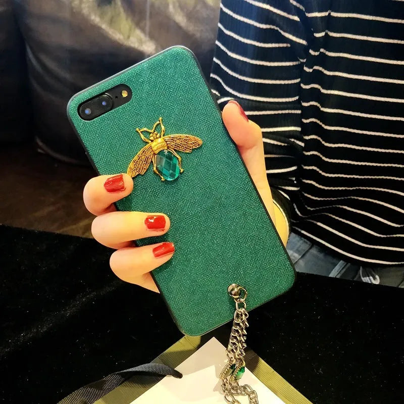Rhinestone bee phone case with gemstone bracelet in red, green, or silver grey for Apple iPhone models