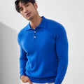 Men's light blue cashmere pullover sweater with a polo collar and short sleeves on a hanger.