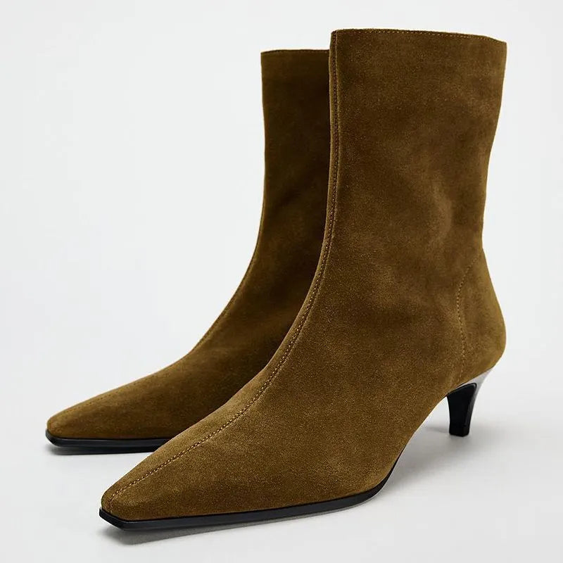 Women's brown square toe mid-calf boots with a side zipper and stiletto kitten heel on a waterproof platform sole