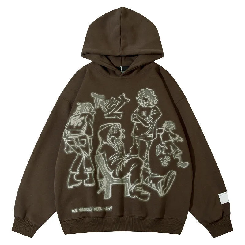 Loose-fitting couples oversize hoodie in brown and pink, round neck, long sleeves, sizes S to XXL, 90% polyester.