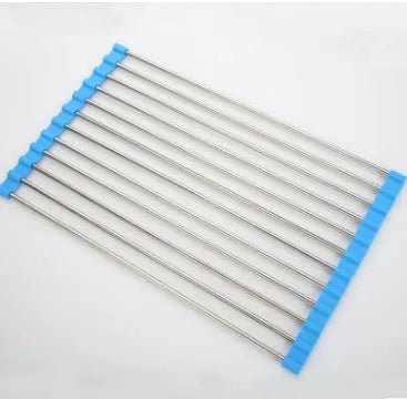 Folding stainless steel and PP kitchen sink drying rack shown in red, collapsed and open.